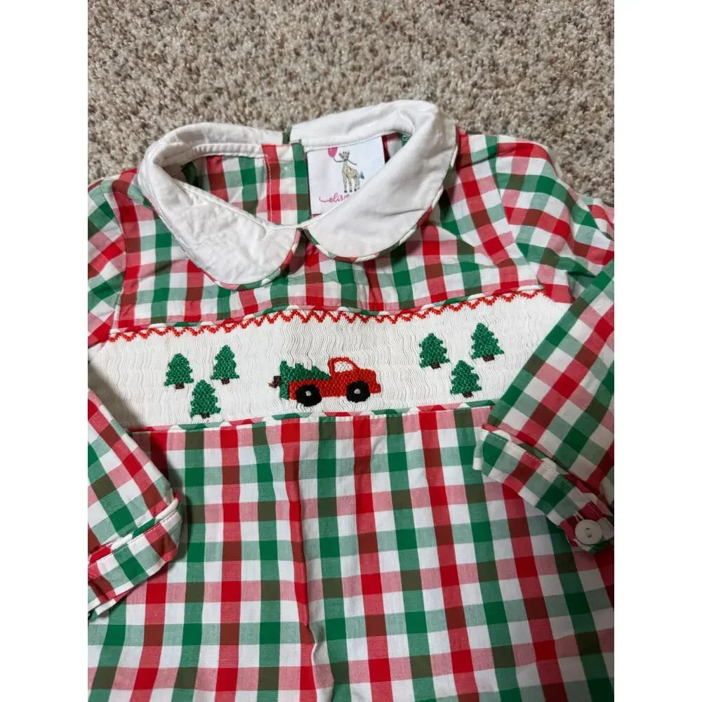 Eliza James Christmas Smocked Gingham Set Red Truck 24M Top Diaper Cover